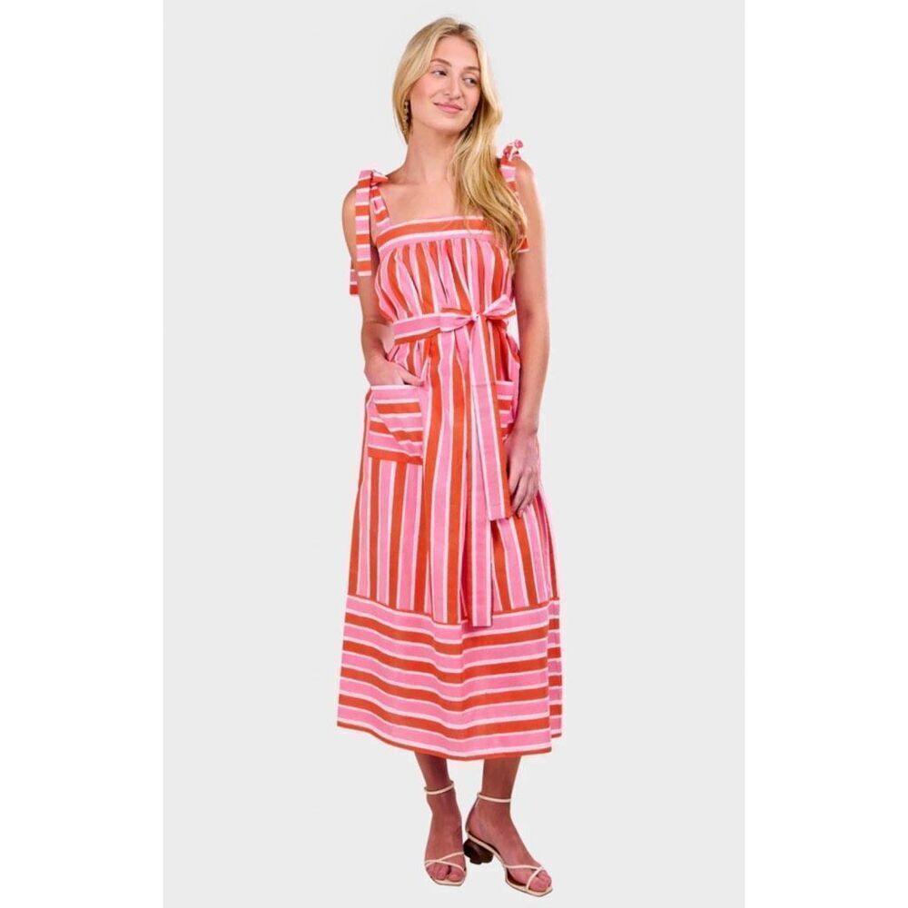 Pink City Prints Raspberry Stripe Palma Dress Small Tie Strap Midi Pockets